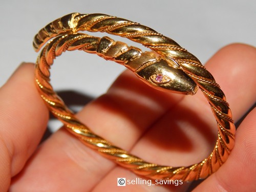 18K YELLOW GOLD SNAKE SERPENT RUBY EYES TWISTED FLEX BANGLE BRACELET 17.3 GRAMS - Picture 11 of 21