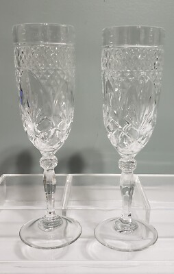 2 Vintage Cristal D'Arques Durand ANTIQUE Clear Cut Glass Champagne Flutes Knob