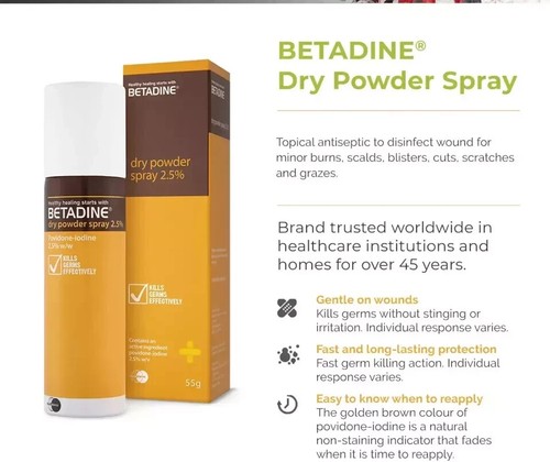 Betadine dry Powder Spray - First Aid Antiseptic For Wound (55G) X 5 - Picture 4 of 7