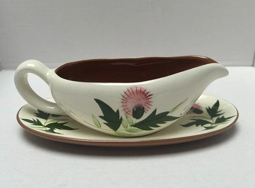 Vintage Stangl Thistle (Pink Thistle) Gravy Boat & Underplate Discontinued MCM