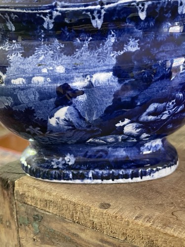 Antica zuccheriera Staffordshire ?Transferware con pastore e cane e mucche, C 1820 - Foto 2 di 18