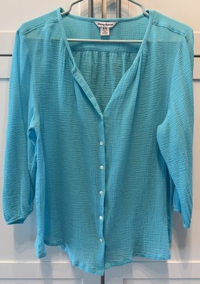 Tommy Bahama Womens Medium Aqua Blue Button Front Blouse 3/4Sleeve Beach Coastal