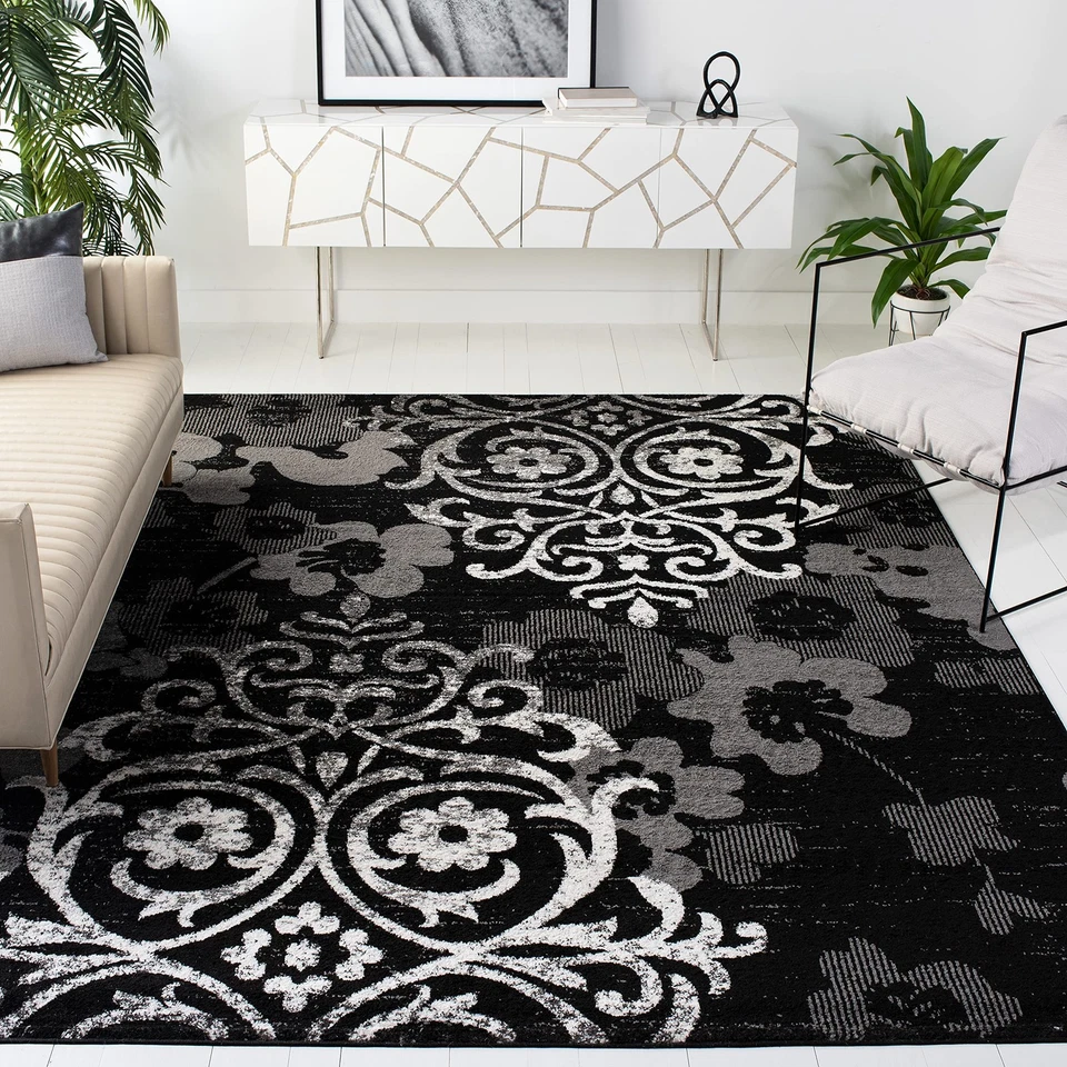 Небольшой ковер Adirondack Collection — 9 x 12 дюймов, черный и серебристый, цветочный гламурный дамасский... - Изображение 2 из 4