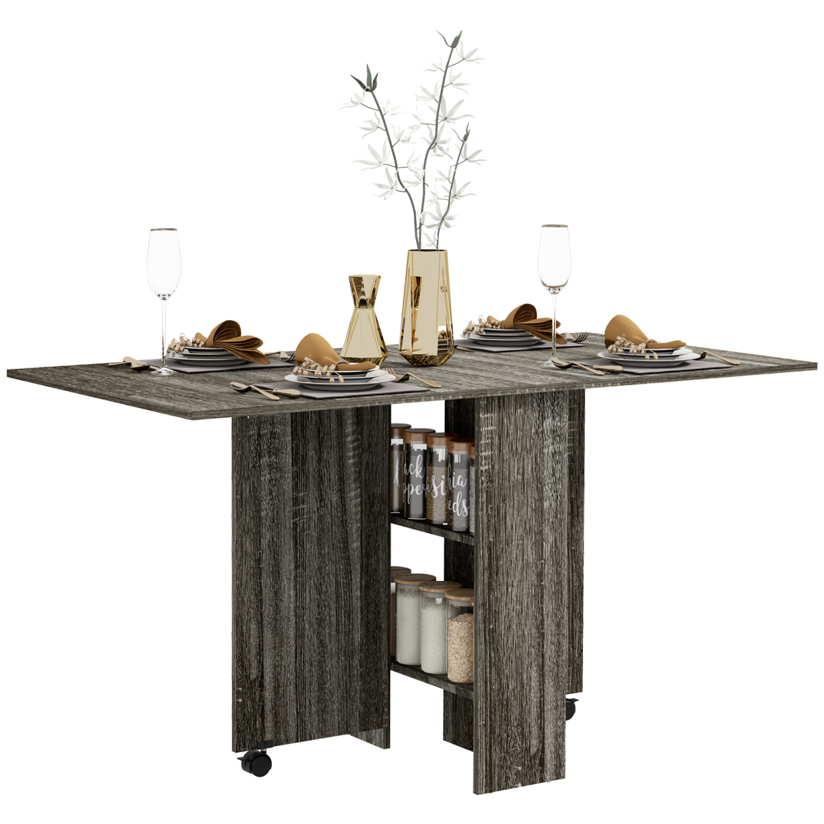 Rackhams Grey Folding Dining Table, Drop Leaf Table With 2-Tier Shelves, Rolling Casters, For Small Spaces, Kitchen, - Image 2