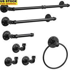 Rustic Industrial Wrought Iron Pipe Bathroom Towel Rack Set W/ Hooks  Holders
