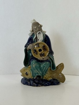 Vintage Chinese Mud Man Figurine Immortal Riding CarpFish Large Coin 4.5'' Shiwan