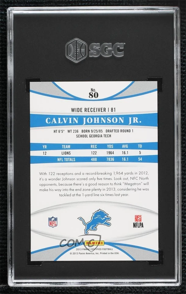 2013 Certified Mirror Blue /100 Calvin Johnson Jr #80 SGC 10 GEM HOF - Image 2 of 2