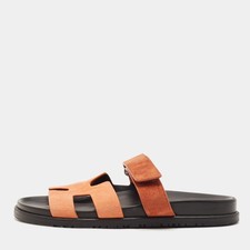 Hermes Chypre Size 41.5 Orange Suede Flat Slide