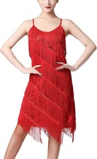 Women Salsa Latin Dance Dress Sequin Tassel Fringe Flapper Dress 1920s Costume S