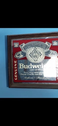 Vintage Budweiser Beer Bar Sign – Mirrored Glass with Wood Frame, 15”x15”