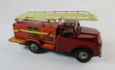 1970's FIRE TRUCK MF 163 FRICTION TIN TOY WITH SOUND EFFECTS RED LADDER HOSE