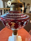 Vintage Attractive Oil Lamp with Fancy Milk Glass Base 17" Tall w Burner Chimney