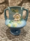 Vintage Roseville White Rose 146-6 Blue Vase Double Handle Blue 6"