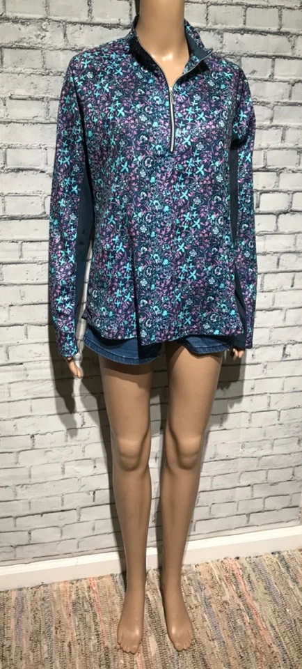 Pullover Pebble Beach, L, Azul/Púrpura Estampado Floral 1/4 Cremallera, Deportes Golf Manga Larga Foto 4 de 4