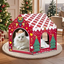 Christmas Cardboard Cat House for Indoor Cats with Scratcher Pad, Xmas House ...