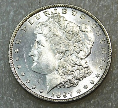 1897 P Morgan Silver Dollar BU Frosty White Semi-Mirror Obverse in saflip #E312