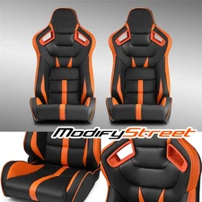 Black-Orange PVC Reclinable C-Series Sport Racing Seats Pair W/Slider Left/Right