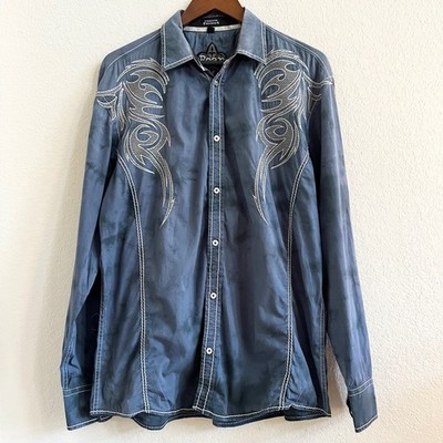 Roar Embroidered Western Biker Blue Long Sleeve Button Down Shirt Sz L
