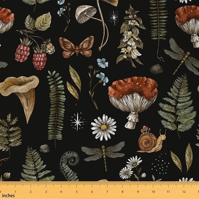 Mushroom Fabric by The Yard Natural Wild Plant Hand Drawing Moth Snail Leaves...