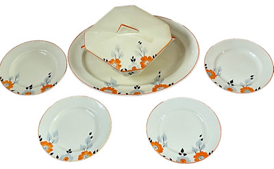 PALISSY ART DECO handbemalt Vintage 6 Stück Fleisch, Schüssel und Teller Set