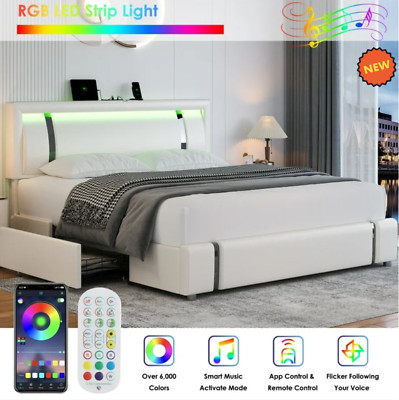 Marco De Cama Plataforma Con Almacenaje Cabecera Tapizada Cuero PU Queen LED Luz