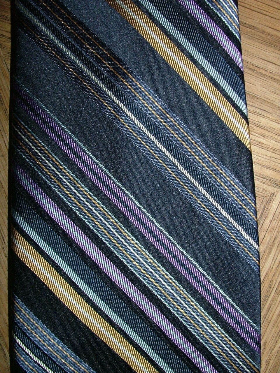 MENS MICHEL SONS SEVEN FOLD TIE 100percent SILK BLUE GOLD PURPLE STRIPED #0540 image 3