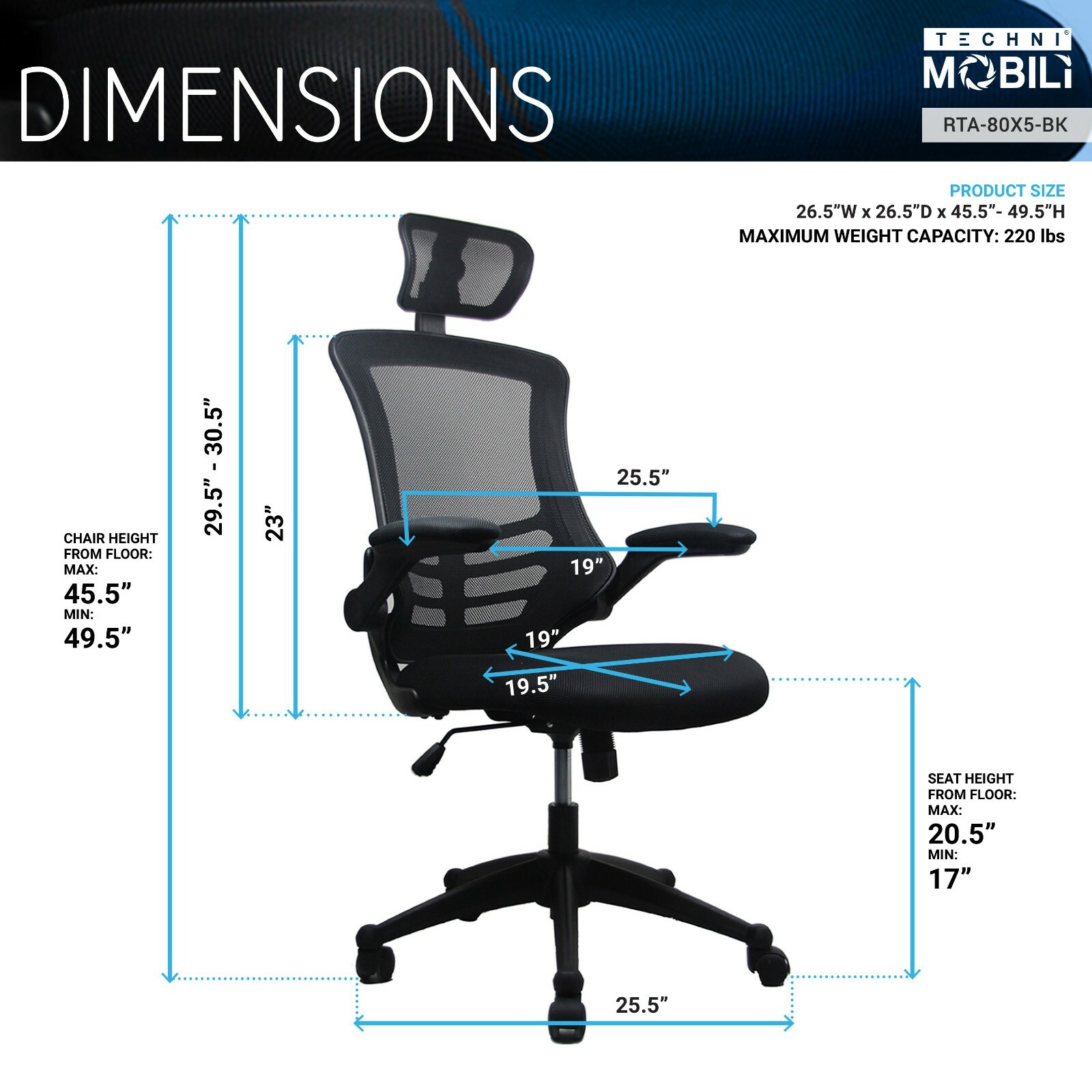 Techni Mobili Modern Mesh Back Task Chair w/ Flip-up Armrest & Hight  Adjustment