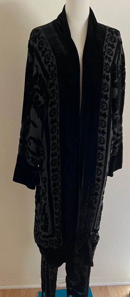 Pantalones y abrigo de noche vintage negros con cuentas de seda/terciopelo en relieve, M (10-14) Foto 3 de 4