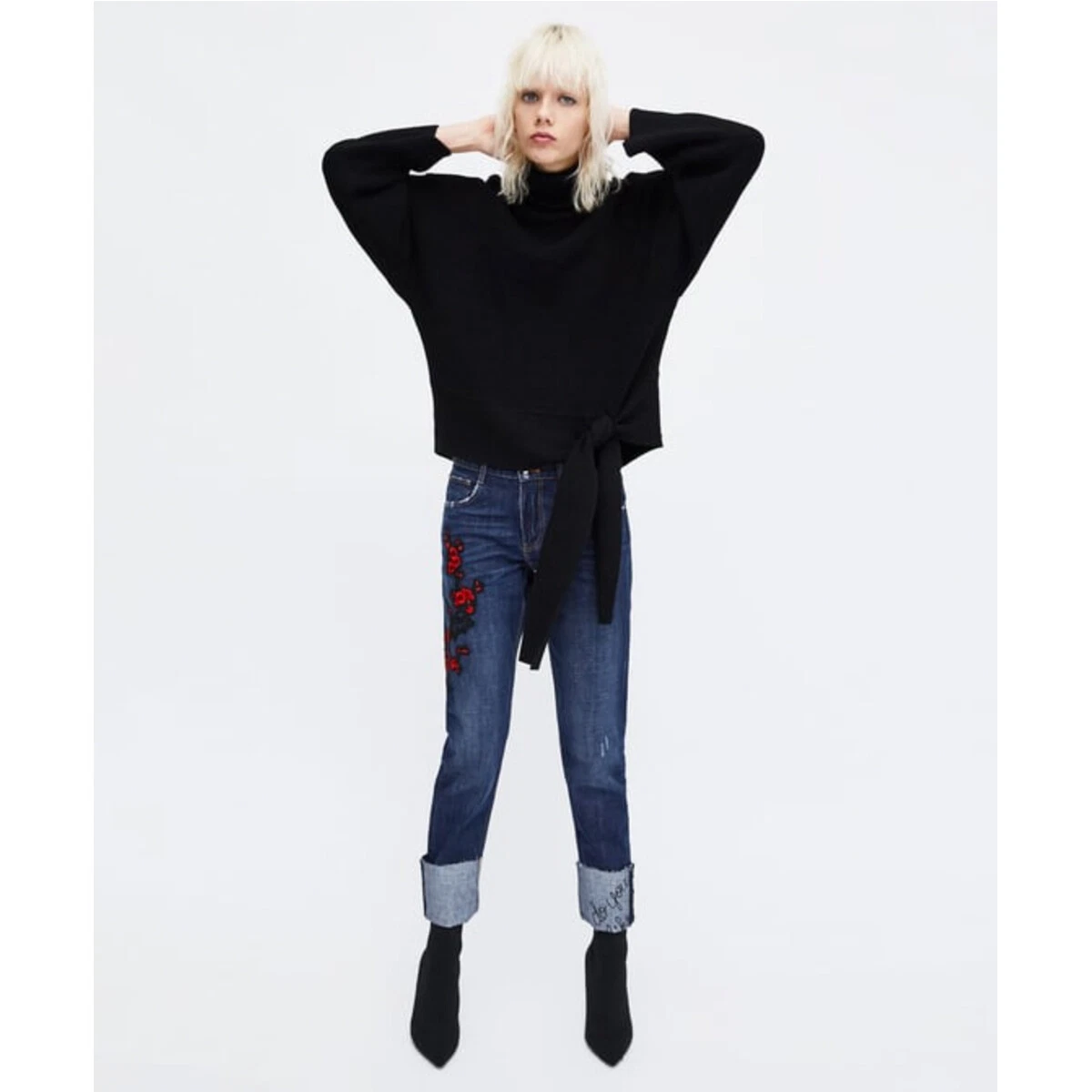 Zara Embroidered Cigarette Jeans Red Flowers Do You Like My Shoes NWT Size 2