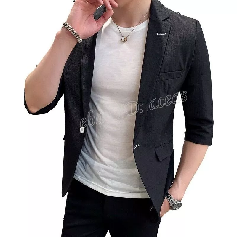 Men's One Button Slim Fit Lapel Casual Jacket Half Sleeve Blazer