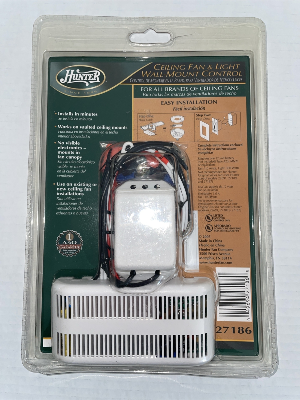 Hunter Ceiling Fan and Light Wall Mount Control 27186 White New Sealed