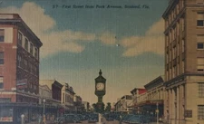 Front Street View Park Avenue Sanford FL Linen Postcard Cars Clock 