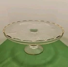 1950s Jeanette Glass/Pedastal Harp/Lyre Design Cake Stand Gold Trim Mid-Century