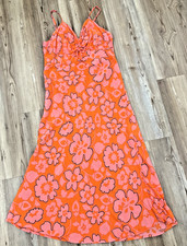 Faithfull The Brand Orange Pink Shayna Floral Maxi Dress Runched Boho Resort