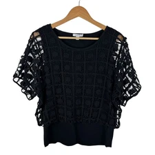 Chicos Crochet Trim Banded Hem Top Size 1 Medium Black Festival Layered Boho