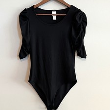 H M Black Ribbed Puff Sleeve Bodysuit Scoop Neck Ruched Elbow Sleeve Medium