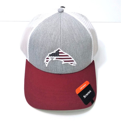 Simms Fishing USA Catch Trucker Cap Hat Mesh Snapback Low Crown Gray Red NEW