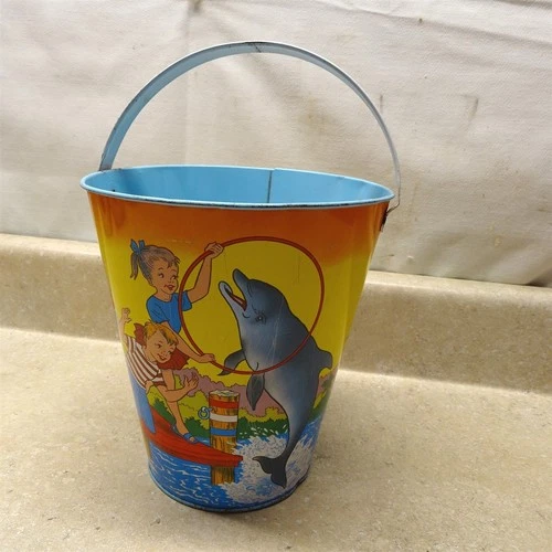 Vintage Ohio Art Beach Sand Pail, Bucket + Handle, U.S.A. Children, Dolphins