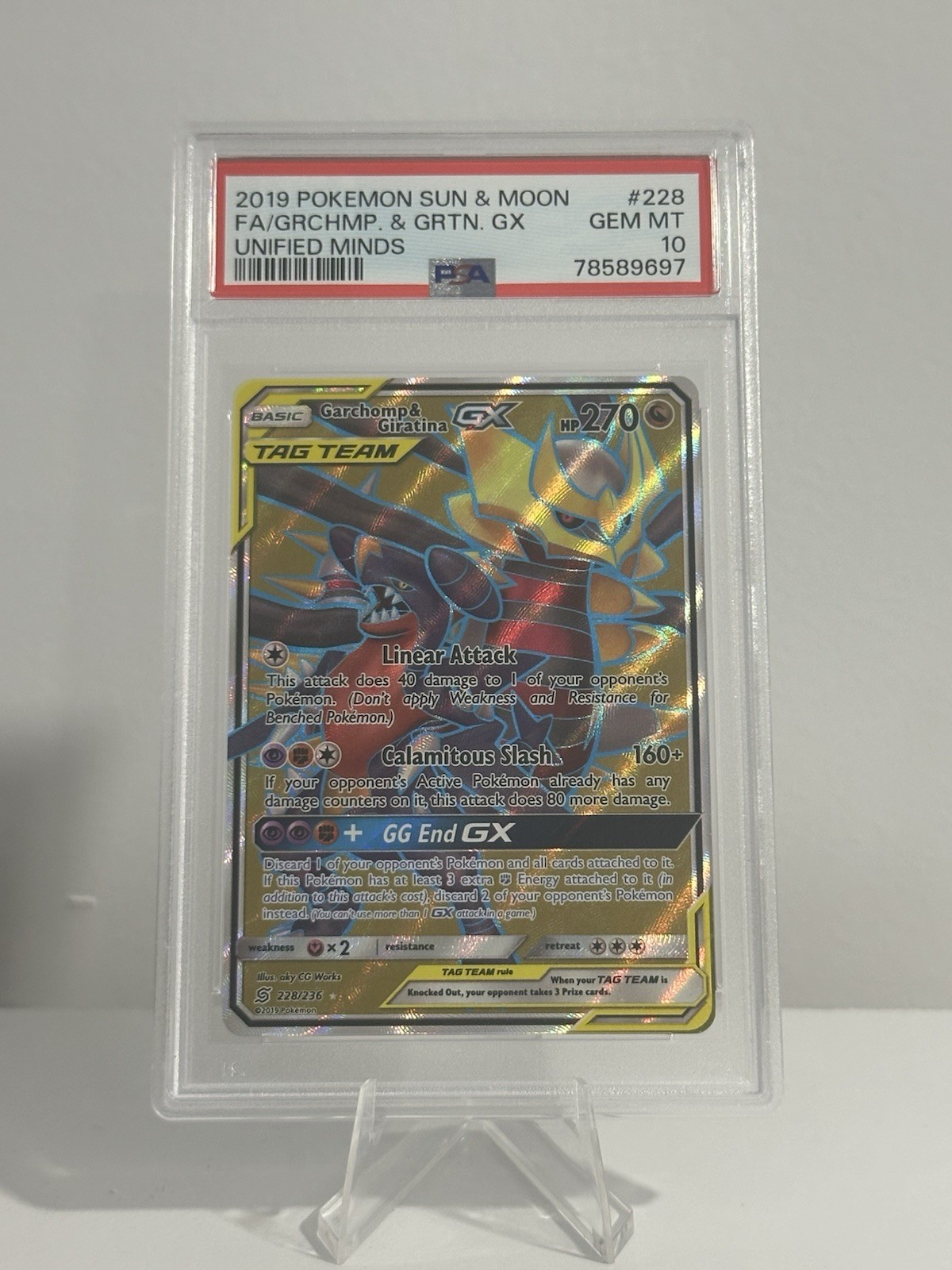 2019 POKEMON SUN & MOON UNIFIED MINDS FA/GARCHOMP & GIRATINA GX #228 PSA 10