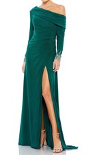 Ieena Mac Duggal 12231 One Shoulder Long Sleeve Jersey Gown SZ 4 Emerald $398
