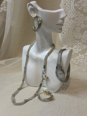 Vintage Style Jewelry Set – Hoop Earrings, Necklace, Timex Watch
