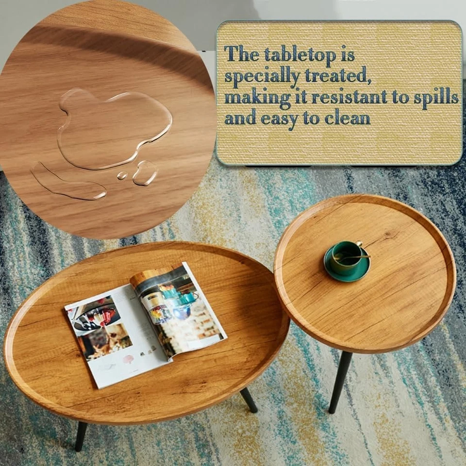 Oval Coffee Table Set Modern Living Room End Tables Wood Top Metal Frame Nature - Image 3 of 4