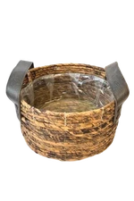 Rustic Farmhouse Woven Round Basket 11x5in with Faux Leather Handles Pre-owned