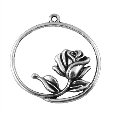 6/15PCS Antique Silver Tone Rose Charm Pendant, Round Flower Pendant GGS378