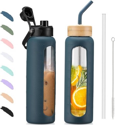 Glasswasserflasche mit Doppelverschluss 900 ml BPA-frei Dunkelblau