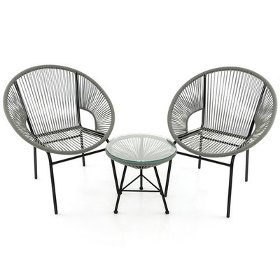 3PCS Patio Acapulco Furniture Bistro Set Plastic Rope Glass Table Grey