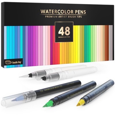 DOODLE HOG 48 Premium Watercolor Pens +2 Highly Blendable Markers, 48 Colors 
