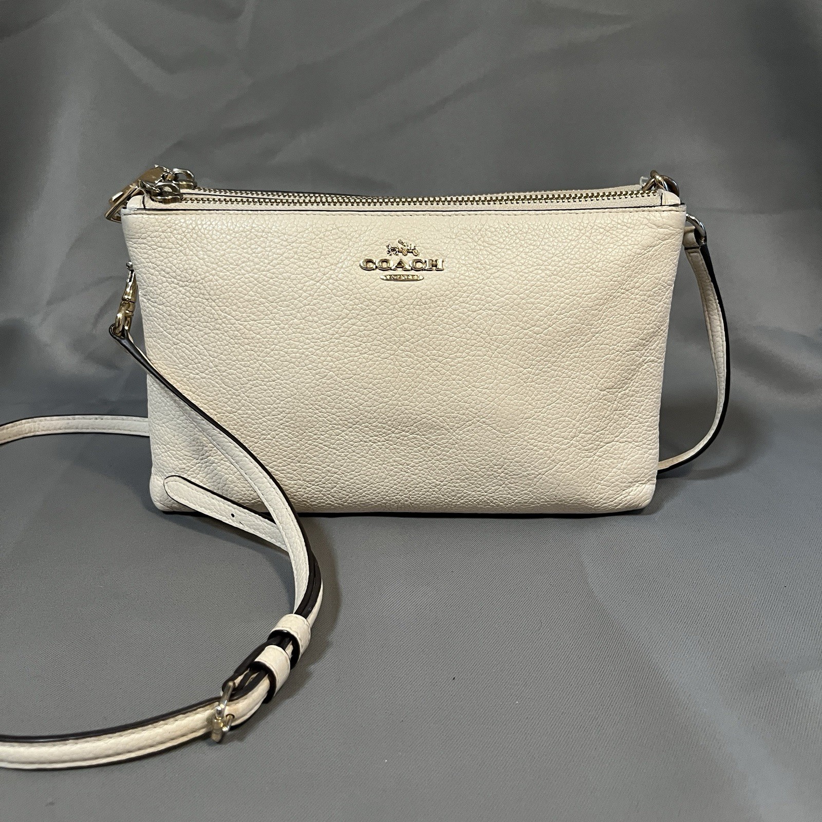 Coach Lyla Pebbled Leather Double Zip Crossbody Chalk F38273 Cream Gold HW 6x10”