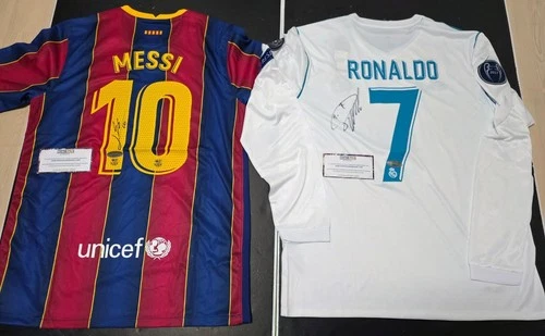 Soccer "GOAT" Messi + C.Ronaldo Hand Autographed Jerseys - SIZE XL - COA