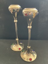 Zwei Kerzenleuchter, Vintage, Silber Mit Glassteinen